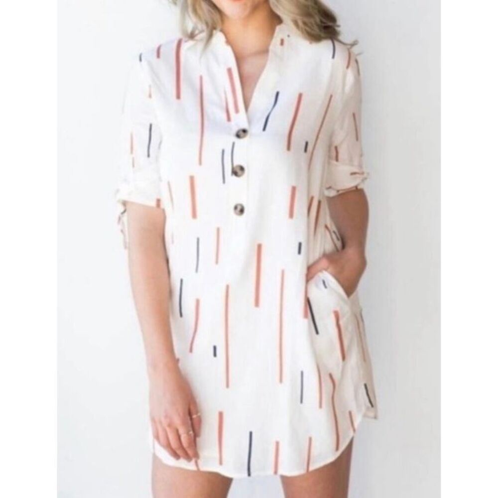 Lush Geo Print white shirt dress with tie sleeves and 1/4 button front - M
